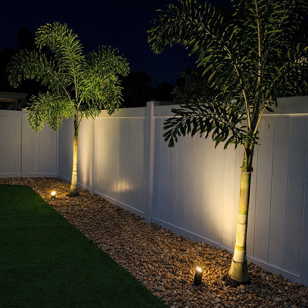Landscape lighting with illuminated palm trees at night